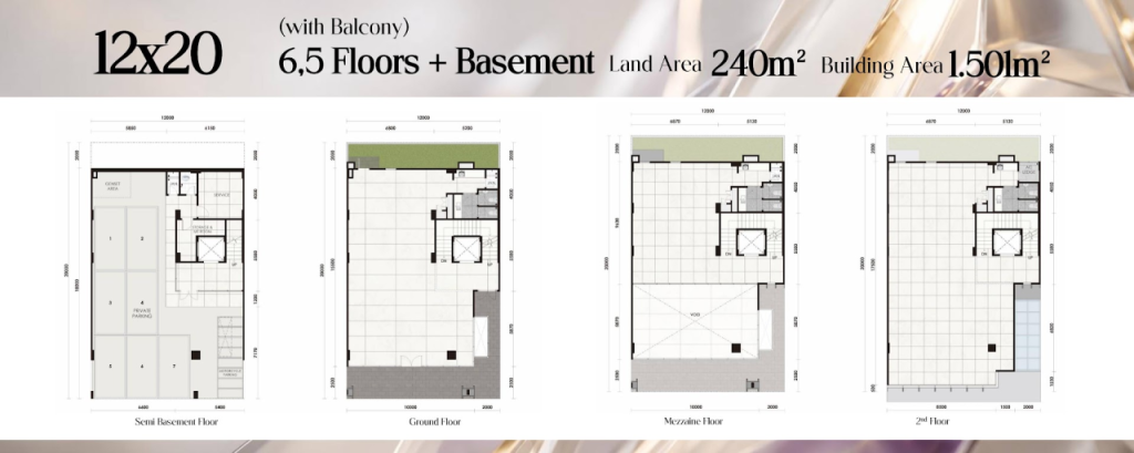 Layout Victoria business loft tipe 12x20 lantai basement, ground floor, mezzanin, 2nd floor tipe  dengan balkon
