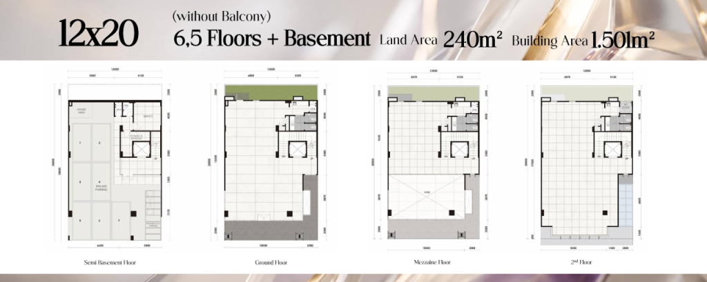 Layout Victoria business loft tipe 12x20 lantai basement, ground floor, mezzanine, 2nd floor, tipe tanpa balkon